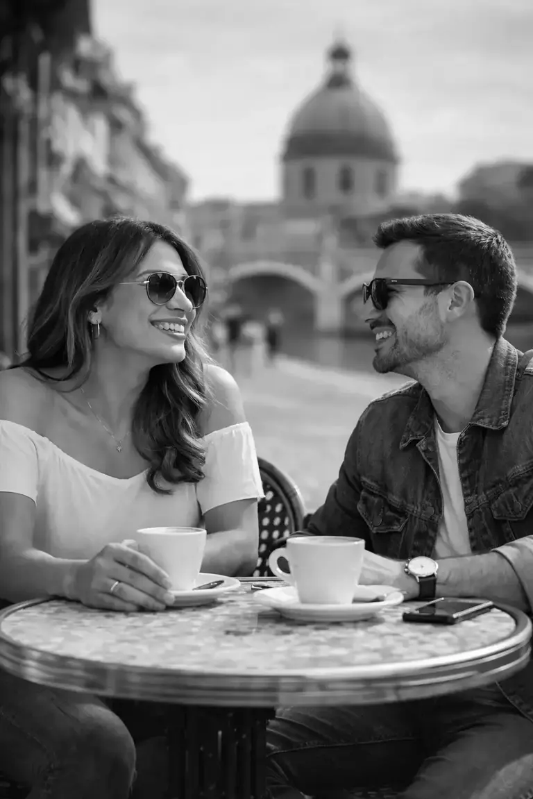 Femme trans et homme discutant et souriant autour d’un café en terrasse à Toulouse, avec un pont et un dôme historique flou en arrière-plan le long de la Garonne.