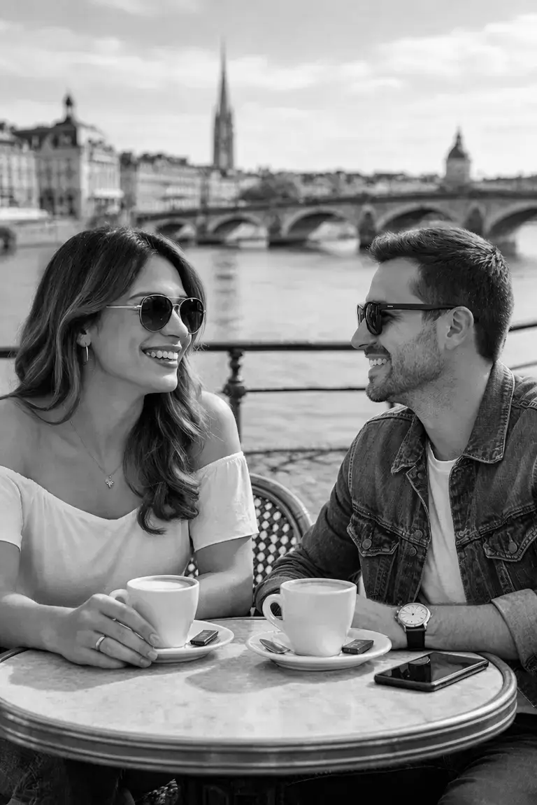 Femme trans et homme souriant en train de discuter autour d’un café en terrasse à Bordeaux, avec la Place de la Bourse et l’architecture historique floue en arrière-plan. ☕😊