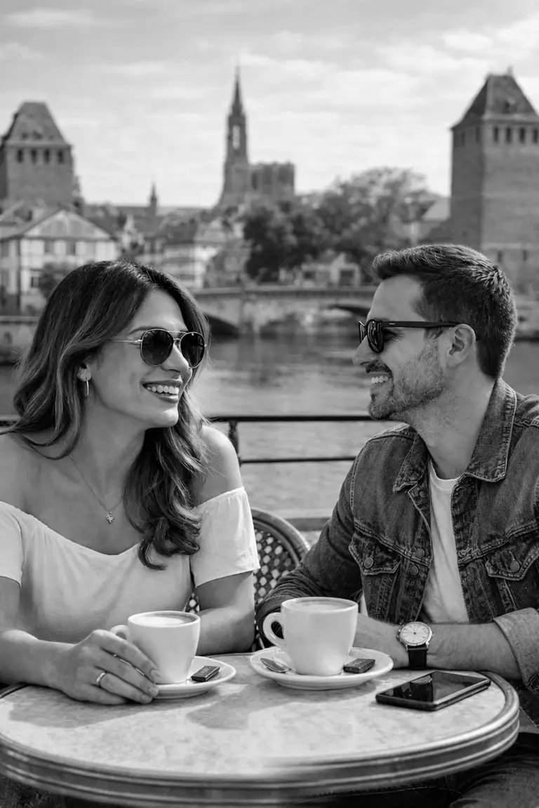 Femme trans et homme discutant autour d’un café en terrasse à Strasbourg, avec la rivière et la cathédrale en arrière-plan.