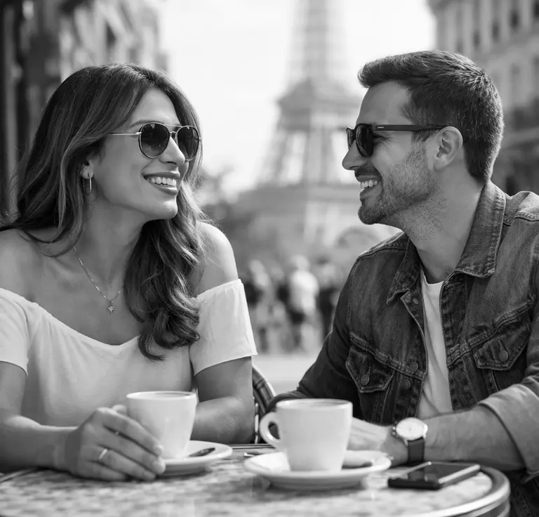 Personne trans et homme échangeant un moment complice en terrasse à Paris, rencontre trans réelle et discrète en Île-de-France